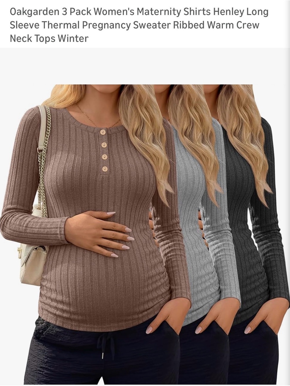 Ribbed Henley Maternity Top - Long Sleeve (3-Pack)